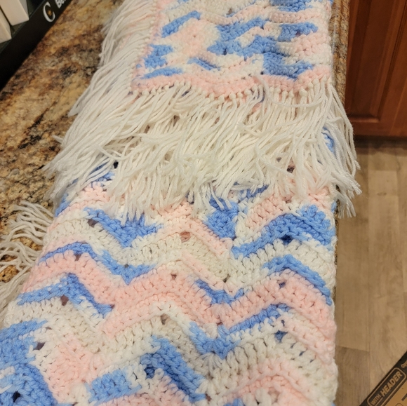 Blue, pink, and white baby Afghan hand-made with Fringe - Picture 2 of 7